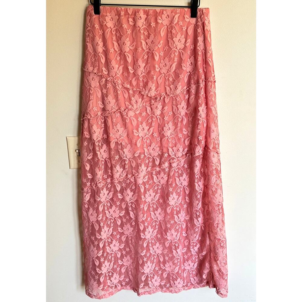 Pink Lace Tiered Sheer Maxi Skirt Womens M FLAW Asymmetrical Coquette Romantic